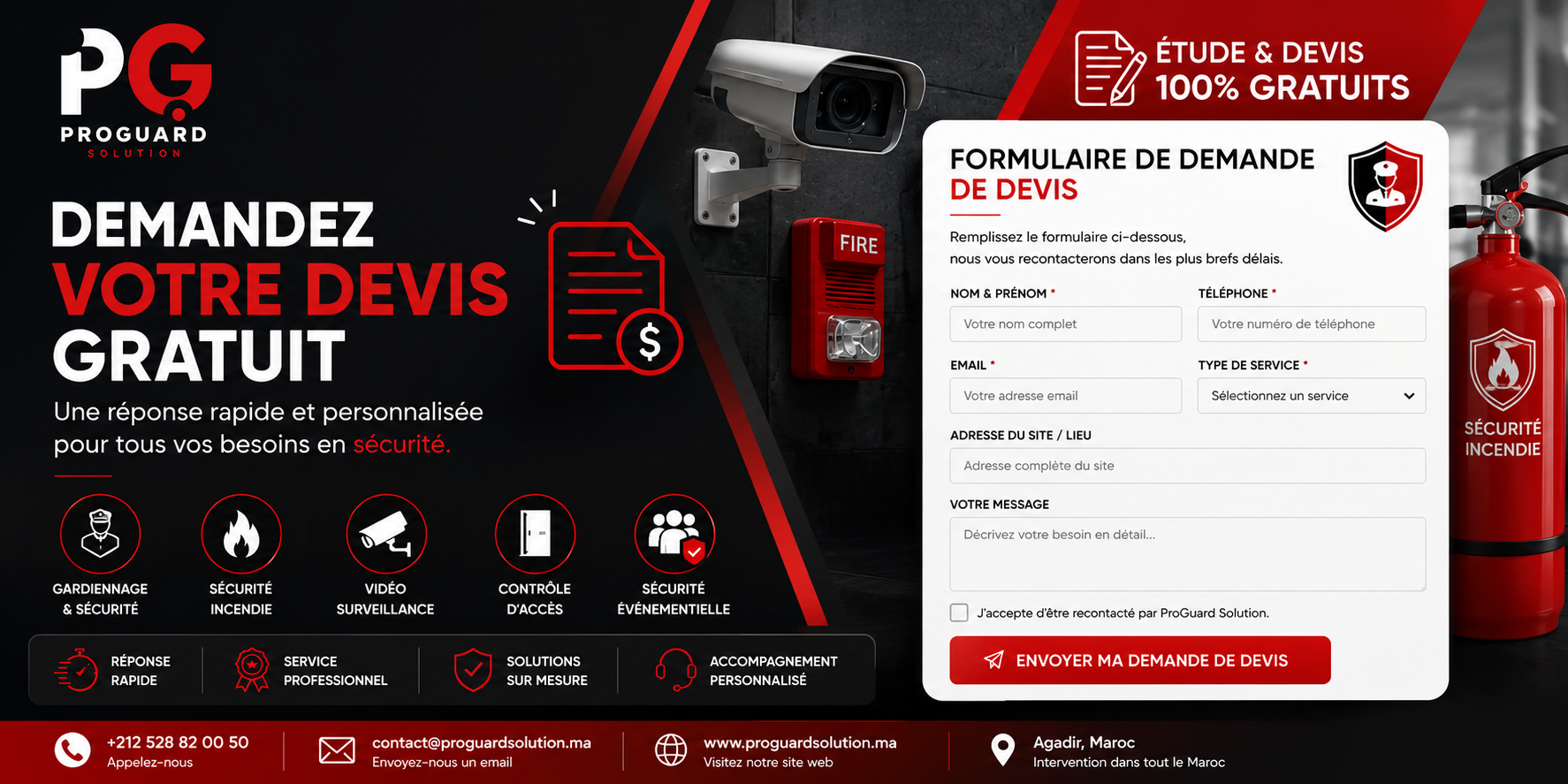 Demandez votre devis gratuit auprès de ProGuard Solution pour vos besoins de sécurité, gardiennage, sécurité incendie, vidéosurveillance, contrôle d’accès et sécurité événementielle.