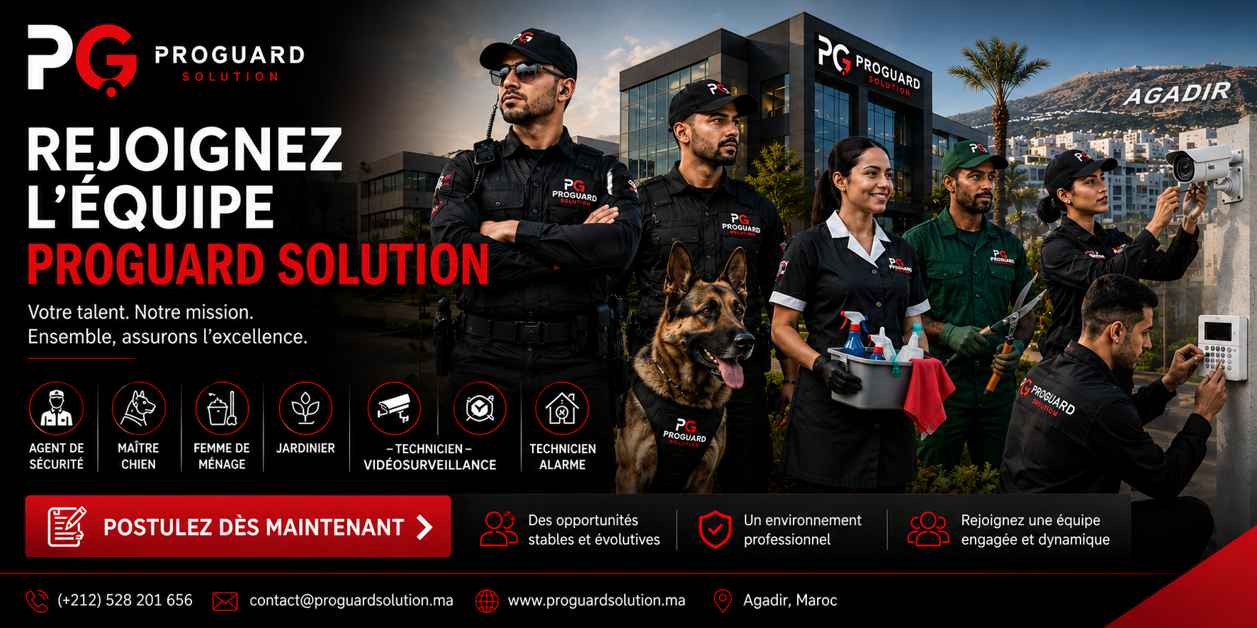 Rejoignez l'équipe ProGuard Solution : agent de sécurité, maître-chien, femme de ménage, jardinier, technicien vidéosurveillance et technicien alarme.