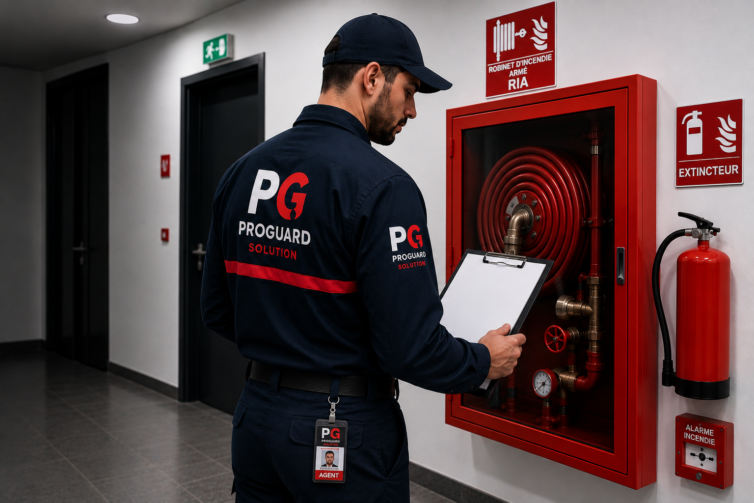 Agent de sécurité incendie Proguard Solution contrôlant les équipements de protection incendie